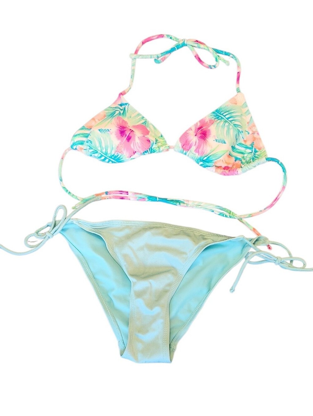 OP Junior/Womens Tropical Floral Orchid Print Triangle Bikini Set Light Blue, S